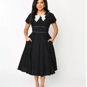 Unique Vintage Black Midi Dress with Polka Dot Bow